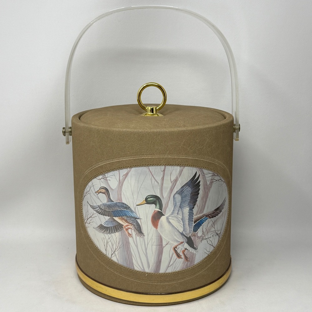 Vintage Norman R Wyatt Mallard Duck Ice Bucket Faux Leather Acrylic Handle Tan